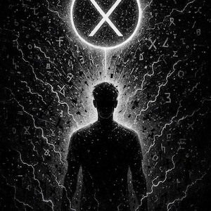 Könnte beinhalten: Schwarz-weiße digitale Illustration einer Silhouette mit einem leuchtenden Kreis über dem Kopf, der ein X-förmiges Symbol enthält. Blitzartige Linien und verstreute Symbole gehen vom Kreis aus und erzeugen einen dramatischen Effekt.
