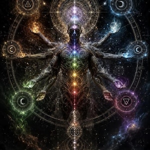 May include: Digital artwork of a multi-armed figure with a glowing aura and chakra points. The figure is surrounded by celestial elements, geometric shapes, and cosmic colours, evoking themes of spirituality and enlightenment.