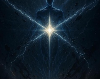 Op de afbeelding: Digitale kunst die een silhouet van een figuur toont met een helder licht dat uit het midden komt. Het figuur is omgeven door blauwe energiestrepen tegen een donkere, sterrenhemel achtergrond. Een gouden vlam komt uit het hoofd van de figuur.
