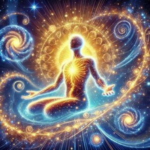 May include: Digital art depicting a figure in a meditative pose, radiating golden light from the chest and surrounded by swirling galaxies and celestial elements. The color palette includes blues, golds, and oranges, creating a cosmic and spiritual theme.
