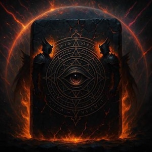 Könnte beinhalten: Eine dunkle, rechteckige Steintafel mit einem Augensymbol in der Mitte, umgeben von komplizierten Mustern und zwei gepanzerten Figuren. Der Hintergrund weist feurige Orange- und Rottöne auf und erzeugt ein dramatisches Fantasy-Thema.