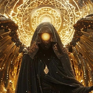 May include: A figure in a black hooded cloak with a glowing orb face and ornate gold wings. The background features a golden, circular design with intricate patterns, creating a mystical and ethereal aesthetic.