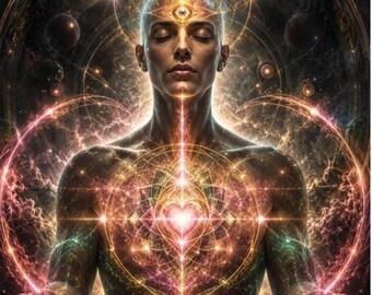 May include: A digital illustration of a human figure with eyes closed, featuring a glowing third eye on the forehead and a radiant heart center. Intricate golden geometric patterns and light rings surround the torso, set against a dark cosmic background.