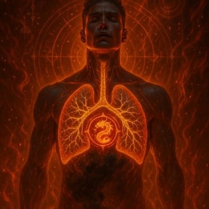 Könnte beinhalten: Digitales Kunstwerk einer Person mit einem feurigen, orangefarbenen Glühen von innen. Der Brustbereich zeigt eine detaillierte Darstellung der Lunge, mit einem Drachenemblem in der Mitte. Der Hintergrund ist mit wirbelnden Flammen und Himmelsmustern gefüllt.