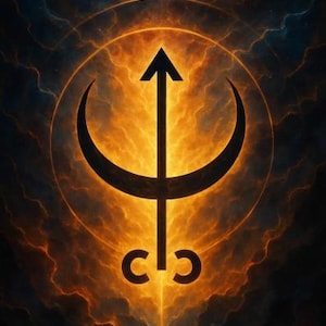 Op de afbeelding: Een zwart symbool met een verticale pijl die een halve maan kruist, met twee kleine cirkelvormige haken aan de basis, gecentreerd tegen een levendige achtergrond van wervelende oranje en gele wolken die lijken op vuur of nevel.