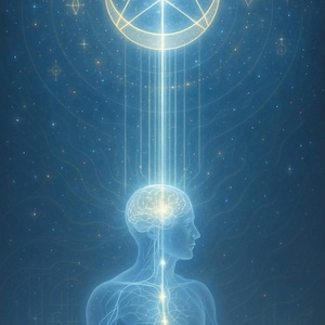 Può includere: Illustrazione digitale di una figura umana con un cervello luminoso e linee energetiche, sotto un simbolo celeste. L'opera d'arte presenta uno schema di colori blu e oro con uno sfondo stellato, evocando temi di spiritualità e illuminazione.