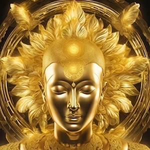 Könnte beinhalten: Eine goldene Statue einer friedlichen Figur mit geschlossenen Augen, verziert mit komplizierten Details. Die Figur ist von einem Heiligenschein und floralen Elementen umgeben, alles in Goldtönen. Das Kunstwerk weckt ein Gefühl von Frieden und Spiritualität.