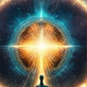 Può includere: Un'illustrazione digitale artistica raffigura una persona che medita nella posizione del loto. La silhouette è ambientata su uno sfondo di una sfera celeste radiosa con sfumature dorate e blu, suggerendo un tema cosmico o spirituale.