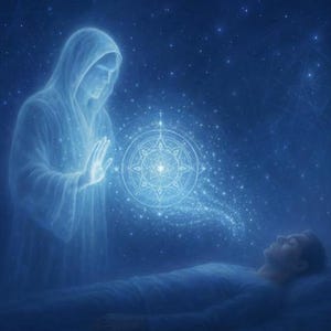 Puede incluir: Ilustración digital de una escena celestial. Una figura con una túnica con capucha, que irradia luz azul, se extiende hacia un diseño geométrico brillante. Debajo, una persona yace en una cama, también bañada en luz azul, bajo un cielo estrellado.