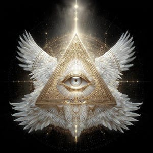 May include: A digital illustration featuring a gold triangle with an eye at its centre, flanked by white feathered wings. The background is black, with golden light rays radiating from the triangle's apex.