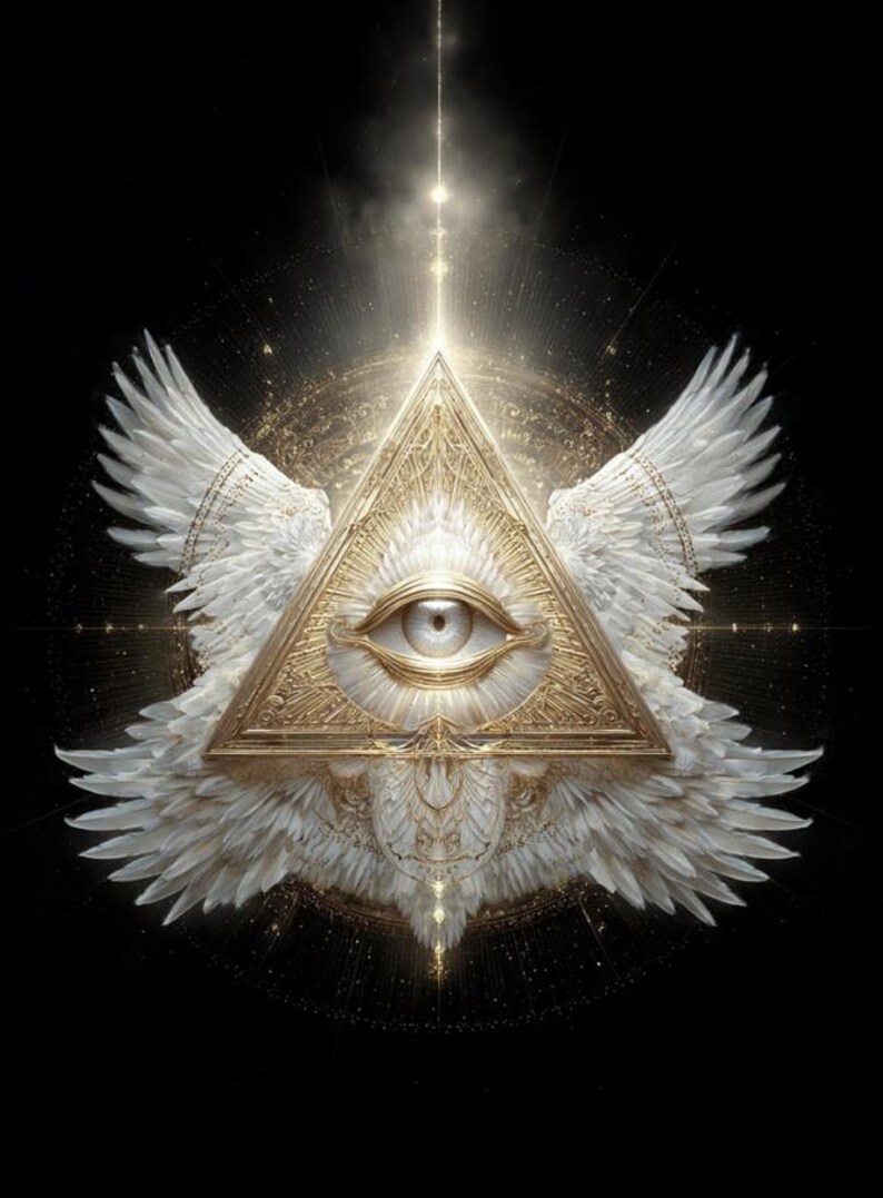 May include: A digital illustration featuring a gold triangle with an eye at its centre, flanked by white feathered wings. The background is black, with golden light rays radiating from the triangle's apex.