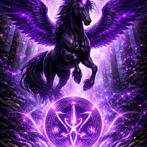 May include: A digital illustration of a black unicorn with purple wings and a glowing horn, set against a forest backdrop. A glowing purple circle with a symbol is in the foreground. The image has a fantasy theme.