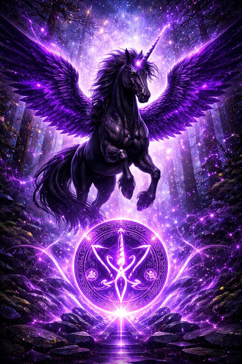 May include: A digital illustration of a black unicorn with purple wings and a glowing horn, set against a forest backdrop. A glowing purple circle with a symbol is in the foreground. The image has a fantasy theme.