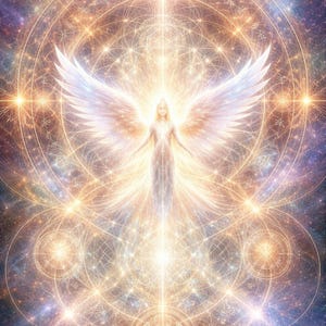May include: Digital artwork of a celestial figure with large, white wings, emanating light. The central figure is surrounded by a complex network of glowing lines and star-like shapes, set against a backdrop of purples, blues, and golds.
