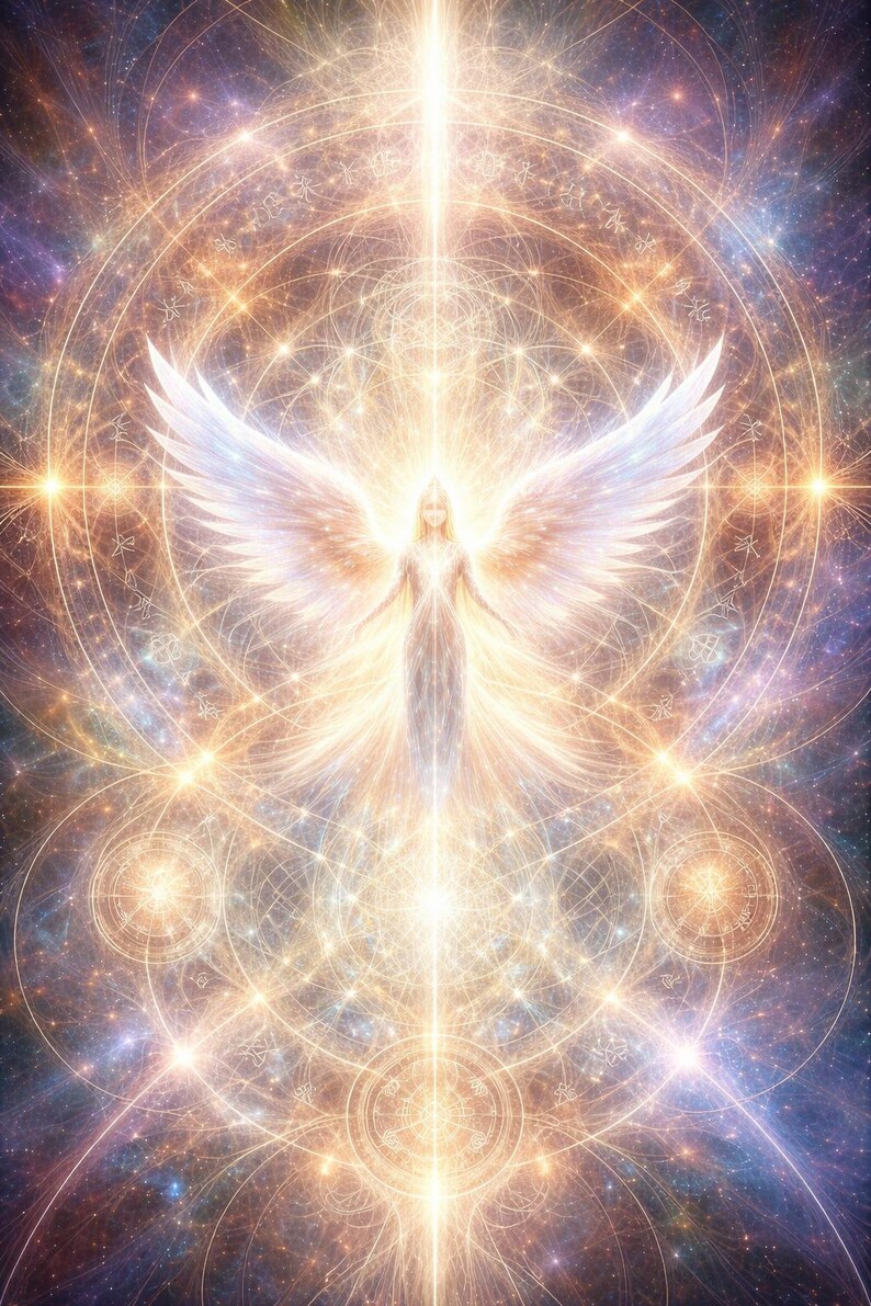 May include: Digital artwork of a celestial figure with large, white wings, emanating light. The central figure is surrounded by a complex network of glowing lines and star-like shapes, set against a backdrop of purples, blues, and golds.