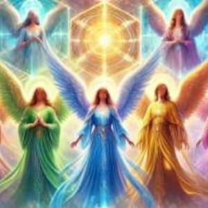 May include: A digital illustration of seven angels with outstretched wings, each in a flowing gown of a different color: pink, green, yellow, blue, and purple. The angels are arranged in a semi-circle around a central light source, with a geometric pattern in the background.