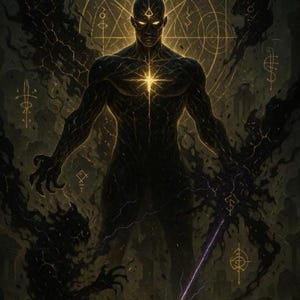 Könnte beinhalten: Digitales Kunstwerk einer dunklen Figur mit leuchtenden Augen und einem sternförmigen Licht auf der Brust. Die Figur ist von schattenhaften Ranken und einem goldenen geometrischen Hintergrund umgeben. Das Kunstwerk hat ein Fantasy-Thema.