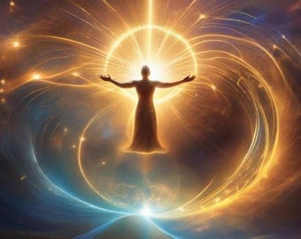 May include: A central figure with arms outstretched stands within a radiant golden circular light, surrounded by swirling golden and blue cosmic energy patterns that create a sense of expansive motion and ethereal illumination throughout the scene.