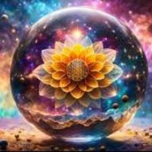 Op de afbeelding: Digitaal kunstwerk met een transparante bol met een levendige, gelaagde gele en oranje bloem in het midden. De bol reflecteert een kleurrijke nevel en hemellichamen, waardoor een kosmische en etherische scène ontstaat.