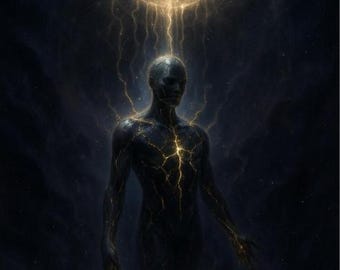 Op de afbeelding: Digitale kunst van een donkere figuur met gouden energie. Een heldere, bolvormige lichtbron zweeft erboven, verbonden met de figuur door lichtstromen. De achtergrond is diepblauw met subtiele sterachtige details.