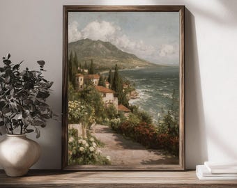 Pintura de un sendero costero italiano o paisaje mediterráneo, arte mural de un pueblo costero, decoración imprimible para un verano cálido.
