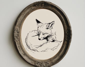 Minimalist Fox Line Drawing | Black and White Animal Sketch, Nordic Woodland Printable Wall Art, Cozy Farmhouse Decor