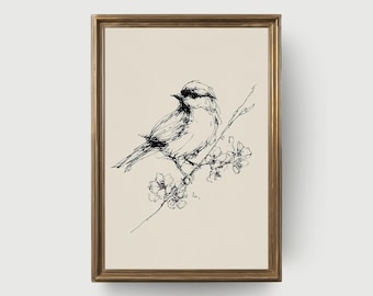 ヴィンテージの鳥の線画 - 枝に止まる2羽の鳥を描いたボタニカルインク