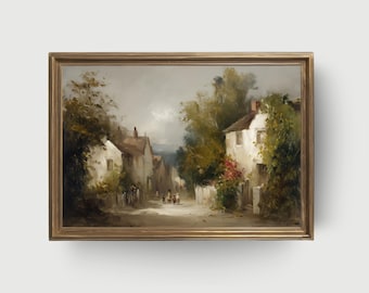 Vintage Village Street Scene | Countryside Cottage Painting, Rustic Rural Life Wall Art Printable, Cottagecore Living Room or Bedroom Art