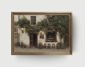 Irish Pub at Dusk | Vintage Tavern Painting, Cozy European Street Scene, Rustic Bar Wall Art Printable