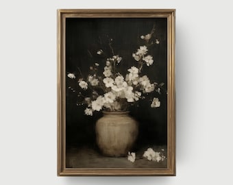 Vintage White Floral Still Life | Printable Moody Flower Wall Art, Rustic Vase Painting, Elegant Neutral Decor, Moody Digital Art Download