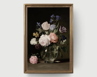 Bloemenstilleven in glazen vaas | Vintage bloemenolieverfschilderij, muurkunst in barokstijl, Nederlandse botanische print, romantisch Cottagecore-decor