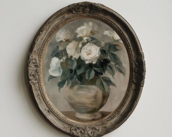 Pintura vintage de rosa blanca/Arte mural floral de naturaleza muerta imprimible, obra de arte en jarrón de estilo óleo neutro, decoración botánica romántica para el hogar. Descarga.