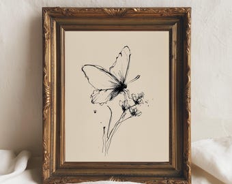 Decorazione murale minimalista con disegno a linee di farfalle / schizzo a inchiostro, disegno botanico moderno, download digitale in bianco e nero