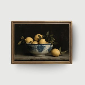 Vintage Lemon Still Life | Printable Rustic Kitchen Wall Art, Bowl of Lemons Oil Painting, Mediterranean Fruit Decor, Moody Digital Download
