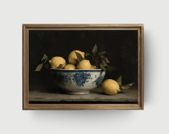 Vintage Lemon Still Life | Printable Rustic Kitchen Wall Art, Bowl of Lemons Oil Painting, Mediterranean Fruit Decor, Moody Digital Download