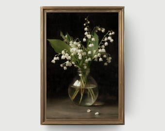 Vintage Lily of the Valley Still Life | Printable Spring Floral Wall Art Kitchen Dark Background Oil Painting Romantic Flower Decor Download