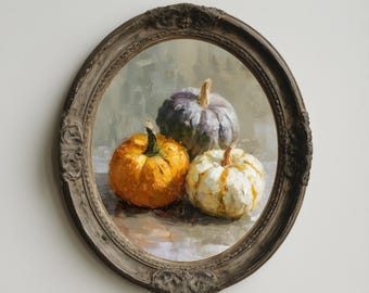 Nature morte automnale aux citrouilles, tableau à imprimer | Peinture rustique de récolte d'automne avec des courges orange, blanches et violettes pour la décoration de la ferme ou de la cuisine