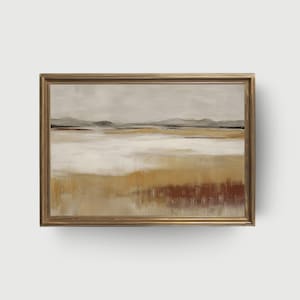 落ち着いたアースカラーの抽象画 | ミニマリストの風景画、ニュートラルなウォールアート（印刷可能）、ベージュブラウンの横長アートワーク、モダンなデジタル装飾