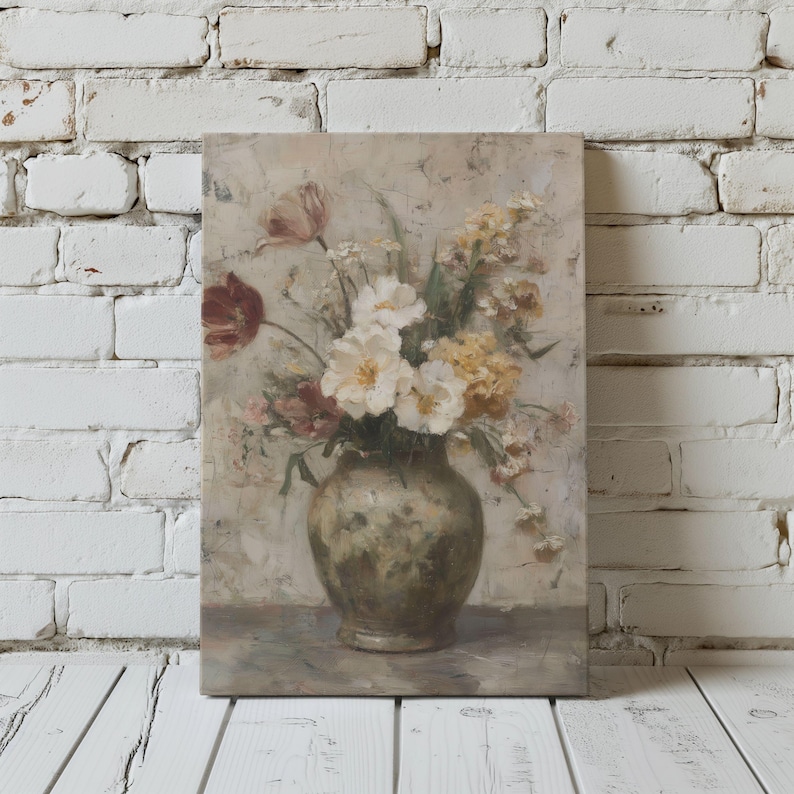 Vintage Floral Still Life | Rustic Flower Vase Oil Painting, Romantic ...