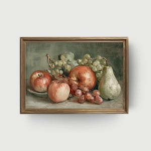 Vintage Fruit Still Life | Printable Apple Pear & Grape Painting, Rustic Kitchen Wall Art, Classic Oil Painting Download, Cottagecore Decor