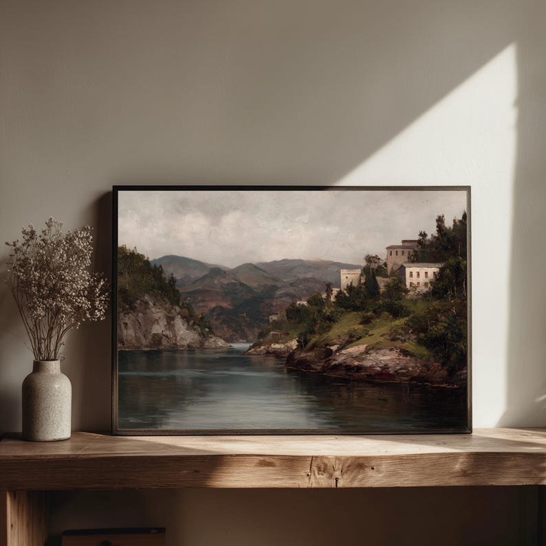Mediterranean Cliffside Village | Vintage Coastal Landscape Print ...