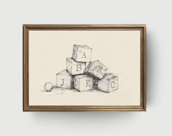 Vintage ABC Blocks Sketch | Minimalist Nursery Wall Art, Educational Printable Decor, Black and White Line Drawing