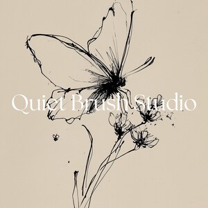 May include: A black and white ink drawing of a butterfly and flowers on a beige background. The butterfly is the focal point, with detailed wing lines. The text "Quiet Brush Studio" is written in white.