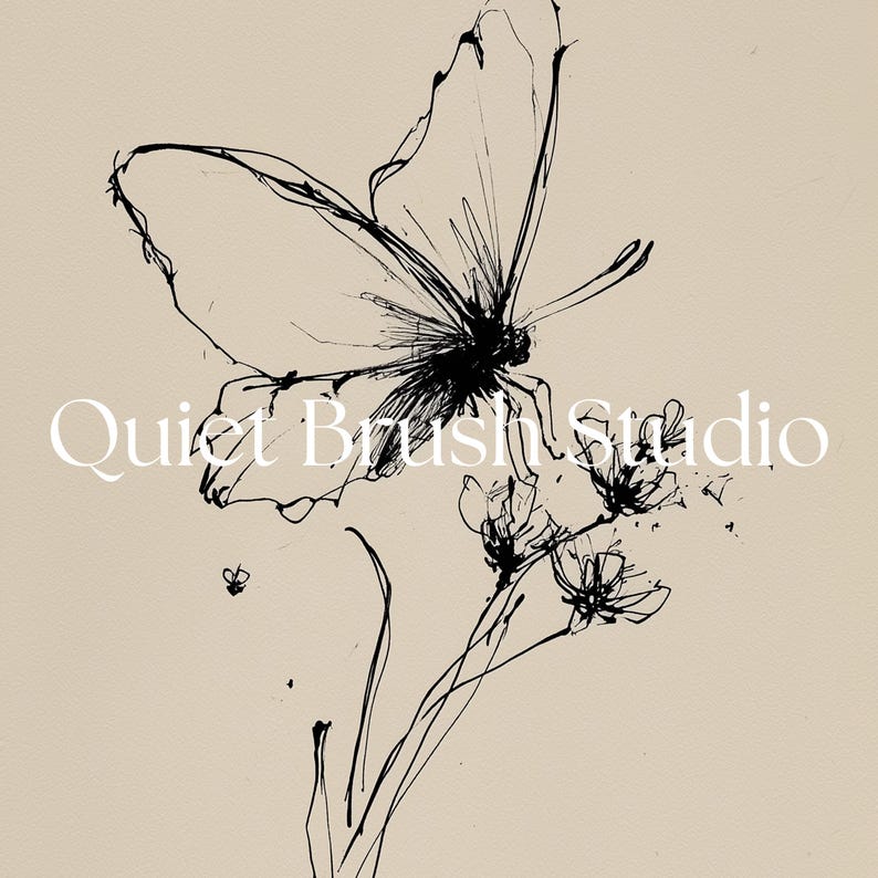 May include: A black and white ink drawing of a butterfly and flowers on a beige background. The butterfly is the focal point, with detailed wing lines. The text "Quiet Brush Studio" is written in white.