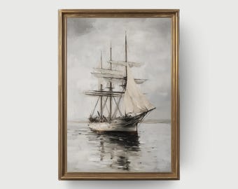 Nautisches Schiff | Vertikales Ölgemälde, Vintage Segelboot Wandkunst, digitale Kunst, Bauernhaus an der Küste, Vintage Schiffsdruck, gedämpfte Ölpastellkunst
