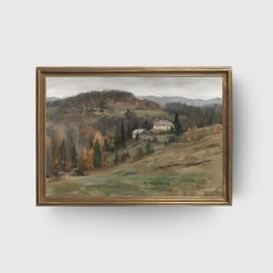 Fall by the Hillside Cottage | Fall Landscape Wall Decor, Cottagecore Oil Painting, Vintage Country Digital Art, Warm Living Room Bedroom