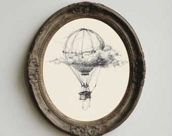 Hot Air Balloon Line Drawing | Minimalist Travel Sketch, Whimsical Adventure Printable Wall Art, Nordic Black and White Decor