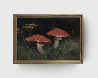 Twee rode paddenstoelen in het bos | Donkere botanische muurkunst, vintage natuurschilderij, grillige digitale digitale print Cottagecore, decor Fairycore