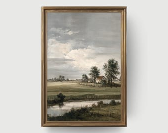 Calm Countryside | Vertical Landscape Painting, Vintage Downloadable Prints, Rustic Country Wall Art, Printable Wall Art, Oil Painting Decor