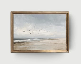 Neutral Strand | Gemälde Sanfte Küstenlandschaft, Sommer Malerei, Digitale Wandkunst, Ölgemälde Meer, Vintage Beige Sommer Kunststück